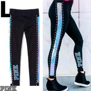 Victoria Secret Pink Black Iridescent Mermaid Flip Sequin Yoga Leggings Large